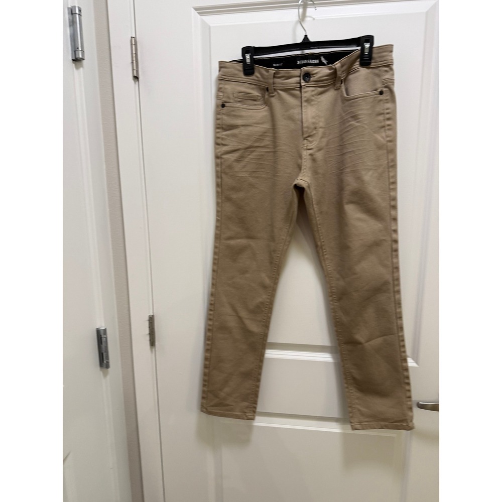 Stone Falcon Mens Slim Fit Tan Khaki 5-Pocket Pants 34x30 Embroidered Pocket